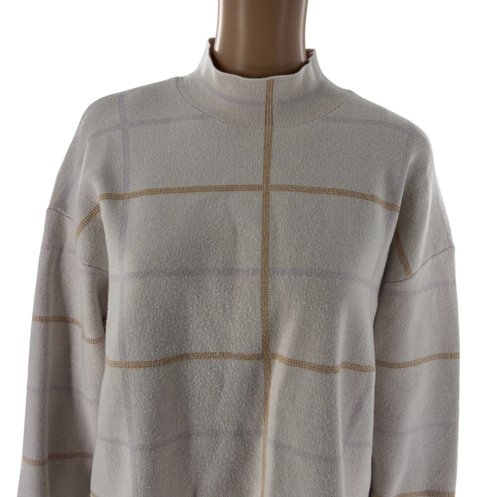 Anthropologie Cream Windowpane Plaid Ivanna Knit Mock Neck Sweater - Picture 5 of 10